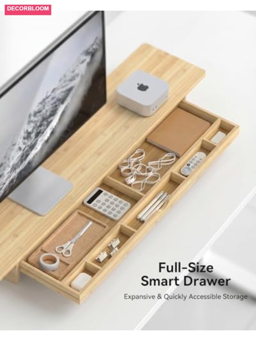 Dual Monitor Stand Riser with Drawer, Natural Bamboo, 99lbs Capacity - Picture 3 of 6